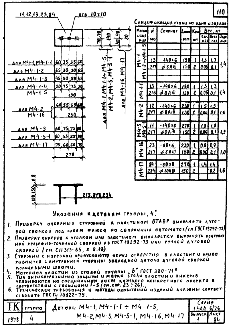 Закладные изделия марки М4 серия 1.400-6/76 выпуск 1. Страница 01