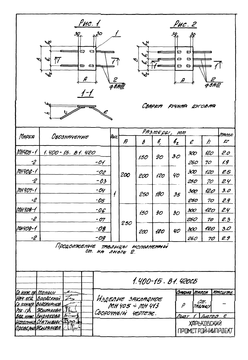 Изделие закладное МН405 - МН413: серия 1.400-15 выпуск 1. Страница 1